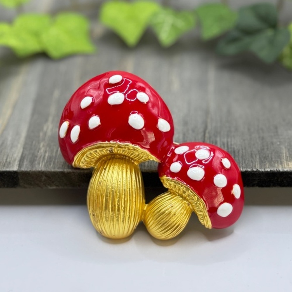Charming Red and Gold Mushroom Brooch for Kids